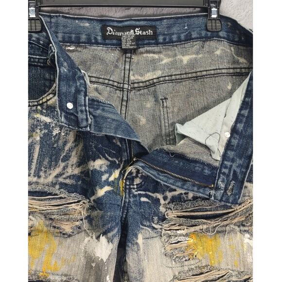 Diamond Stash Mens Jorts Jean Shorts Distressed Paint Splatter Yellow Smoke Wash - Picture 8 of 9